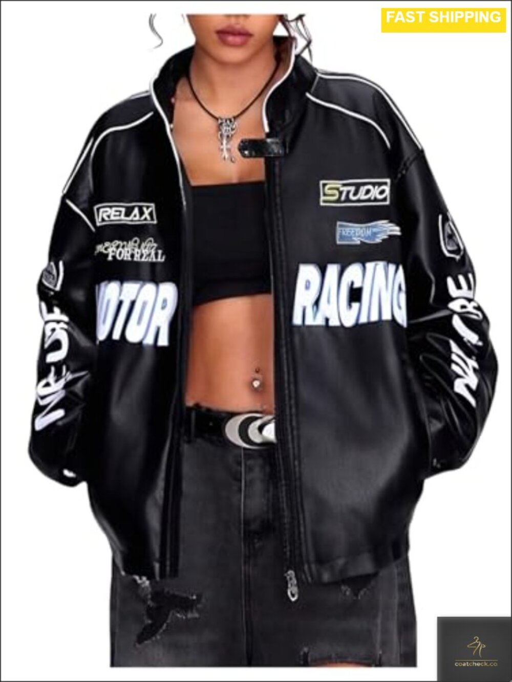 Faux Leather Racer Jacket Y2k Graphic Streetwear Oversized Moto Coat